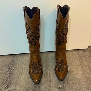 Roper Womens Fashion Tan Faux Leather 14in Skull Embroidery Western Boots